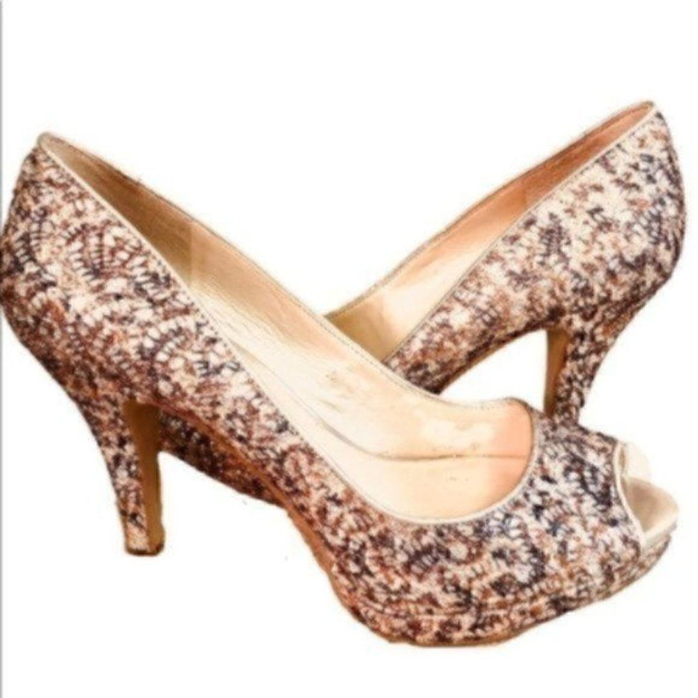 Nine West Metallic Giltter Heels Sparkly Silver Lace Open Toe Evening 7.5 M